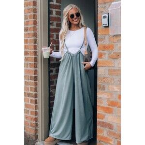 Bucket List Jumpsuit Medium Wide Leg Suspender Pant Knit Oversized Sage Pockets